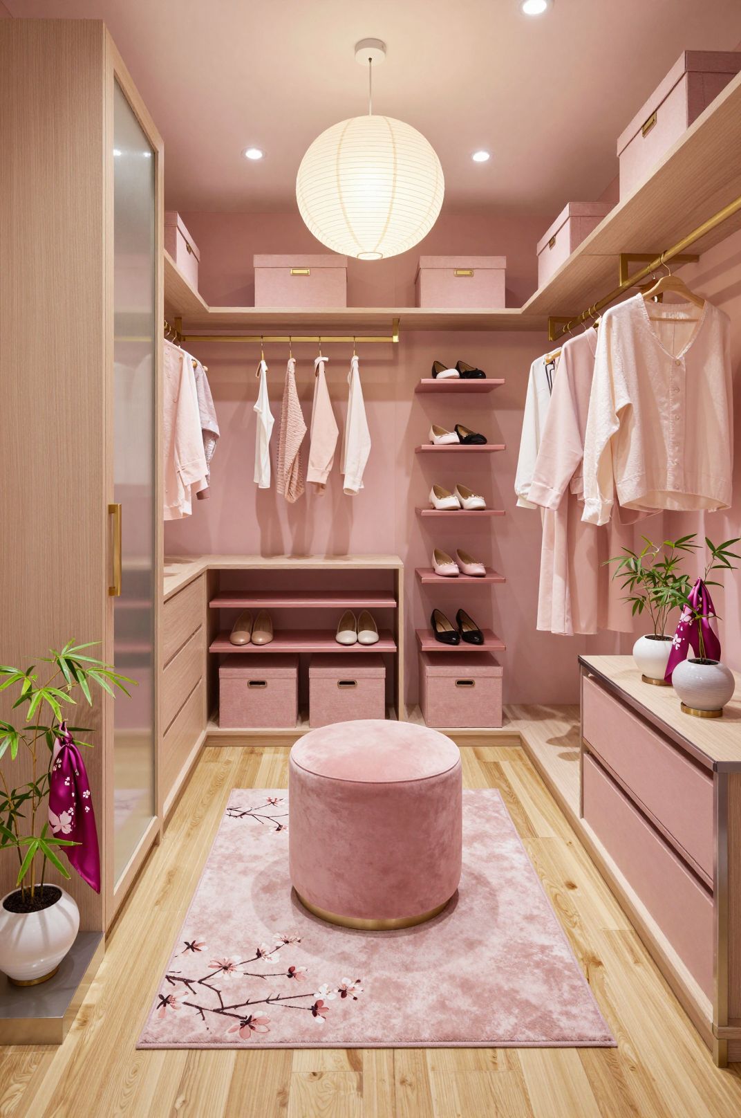 Serene Pink Zen Closet - Luxe Walk-In Design with Rose Gold & Blush Details
