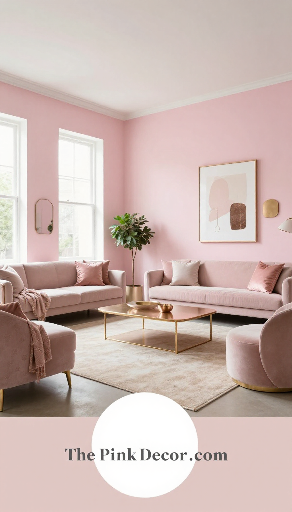 Complete Living Room with pink decor elements and gold accents on furniture and lighting