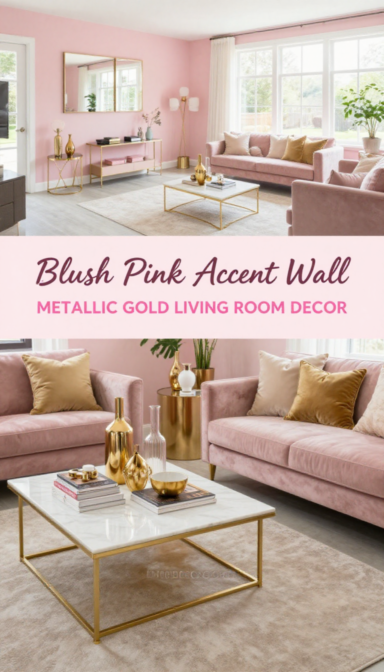 Blush Pink Accent Wall with Metallic Gold Living Room Decor - Living Room - The Pink Decor