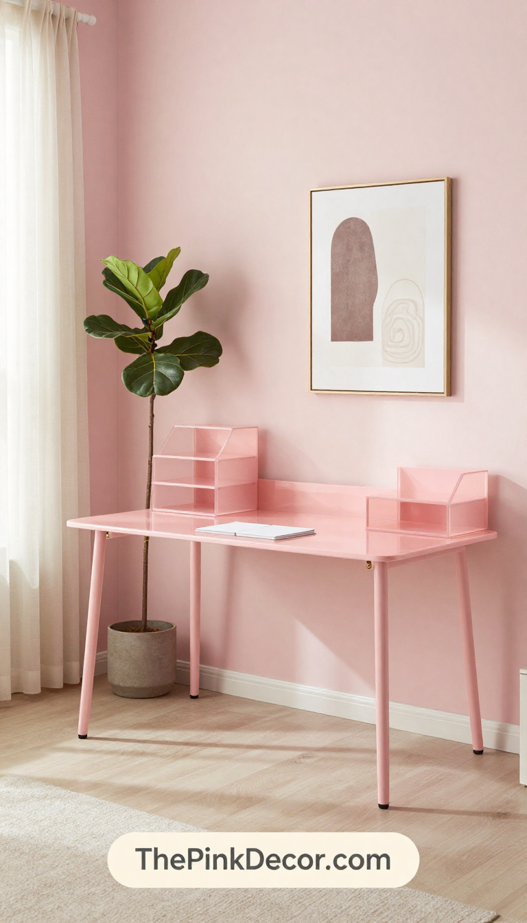 Complete Home Office desk setup with blush pink acrylic organizer set, plants, and laptop