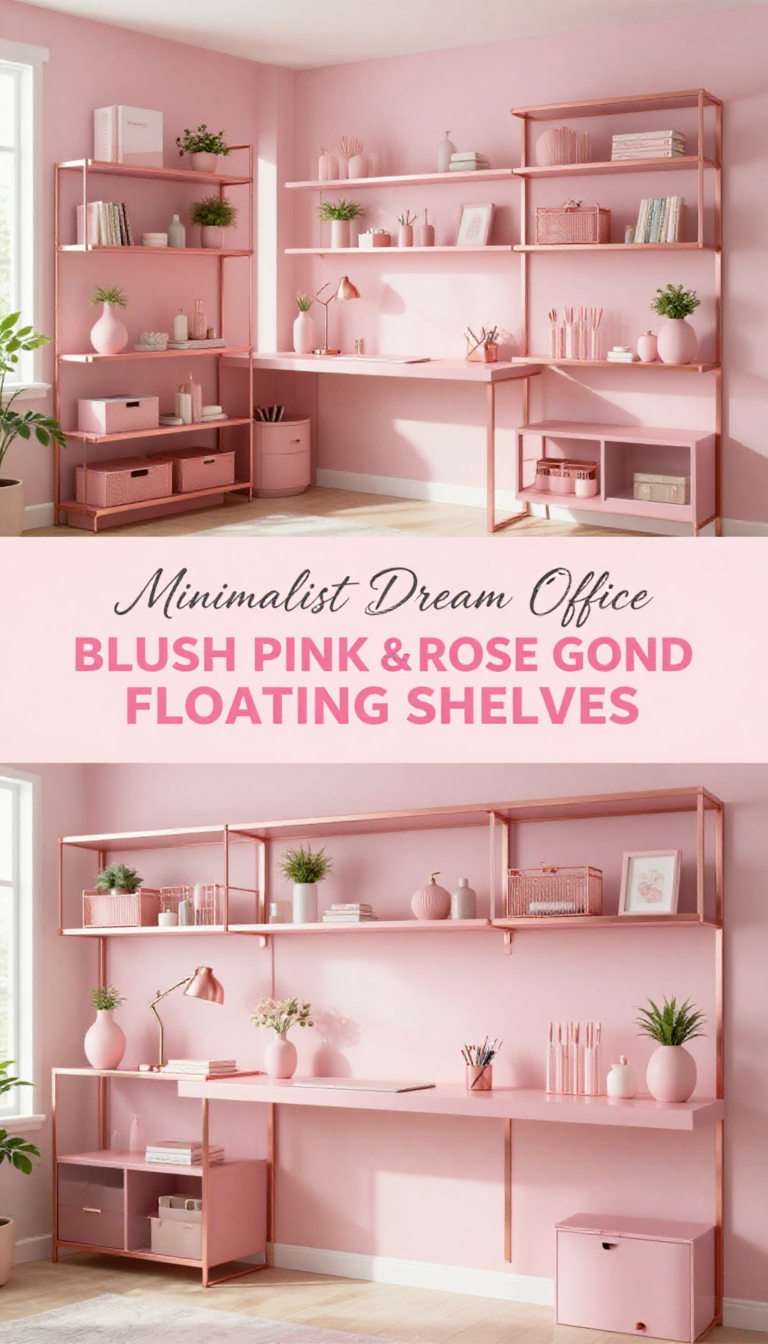 Blush Pink and Rose Gold Floating Shelves Workspace - Home Office - The Pink Decor