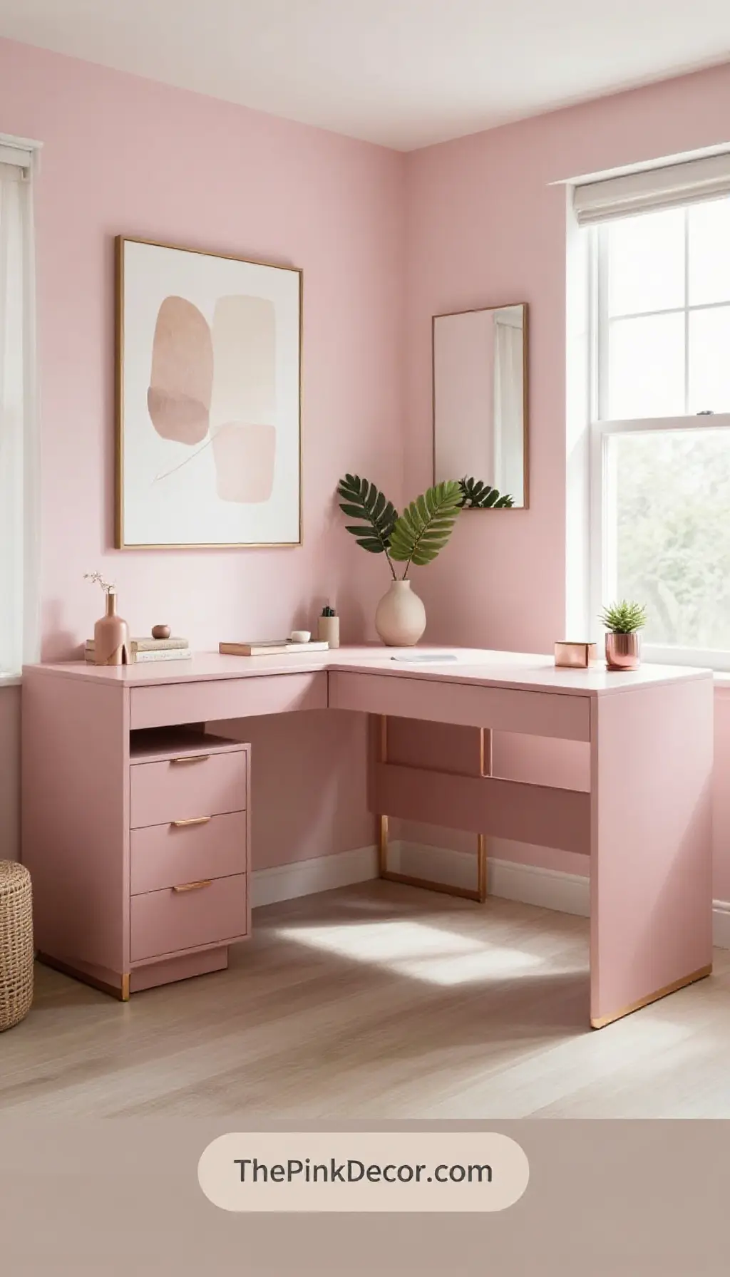Complete Home Office with pink decor elements including blush pink desk chair, rose gold accessories, and modern furniture