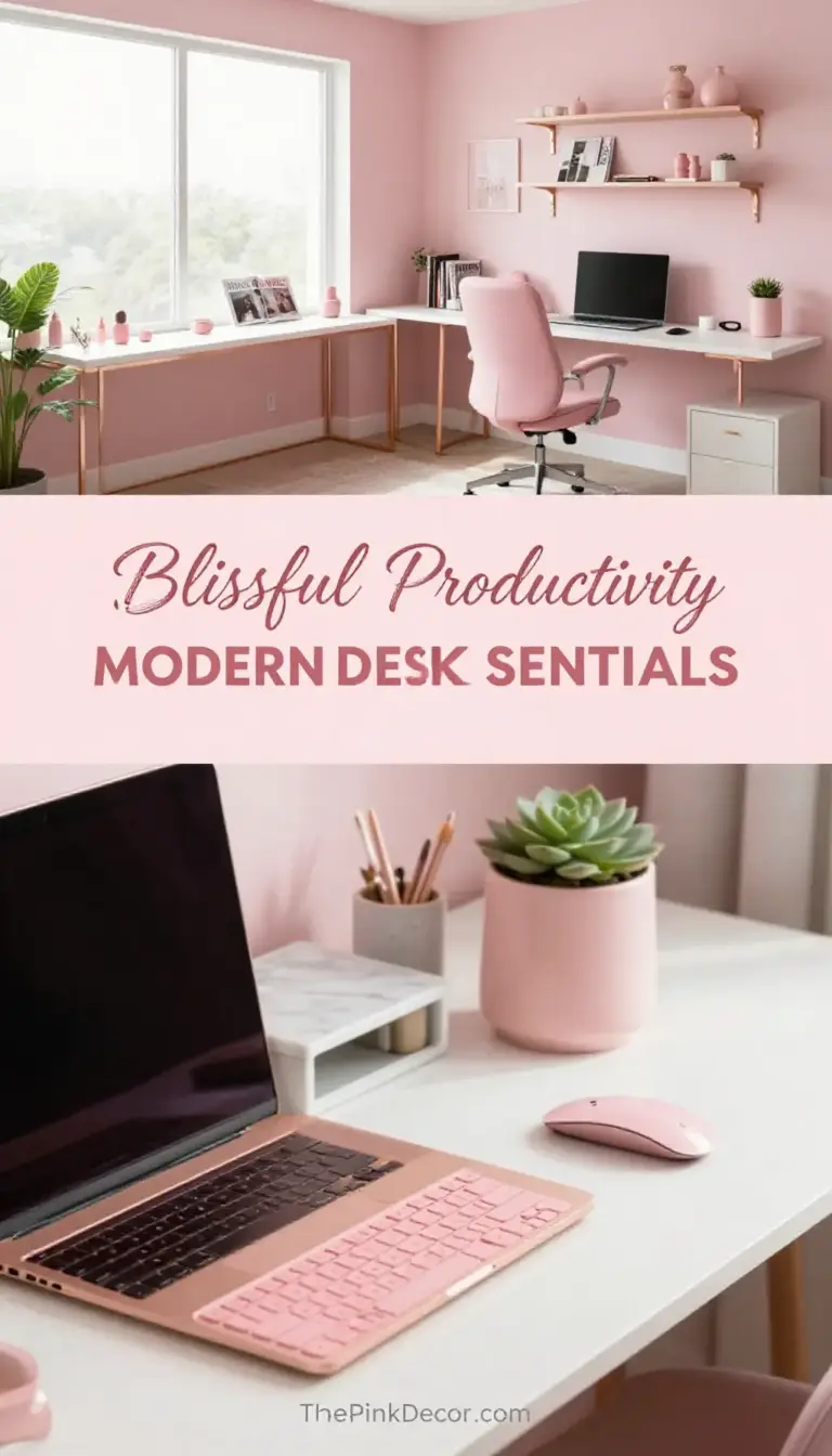 Blush Pink and Rose Gold Modern Home Office Desk Setup - Home Office - The Pink Decor