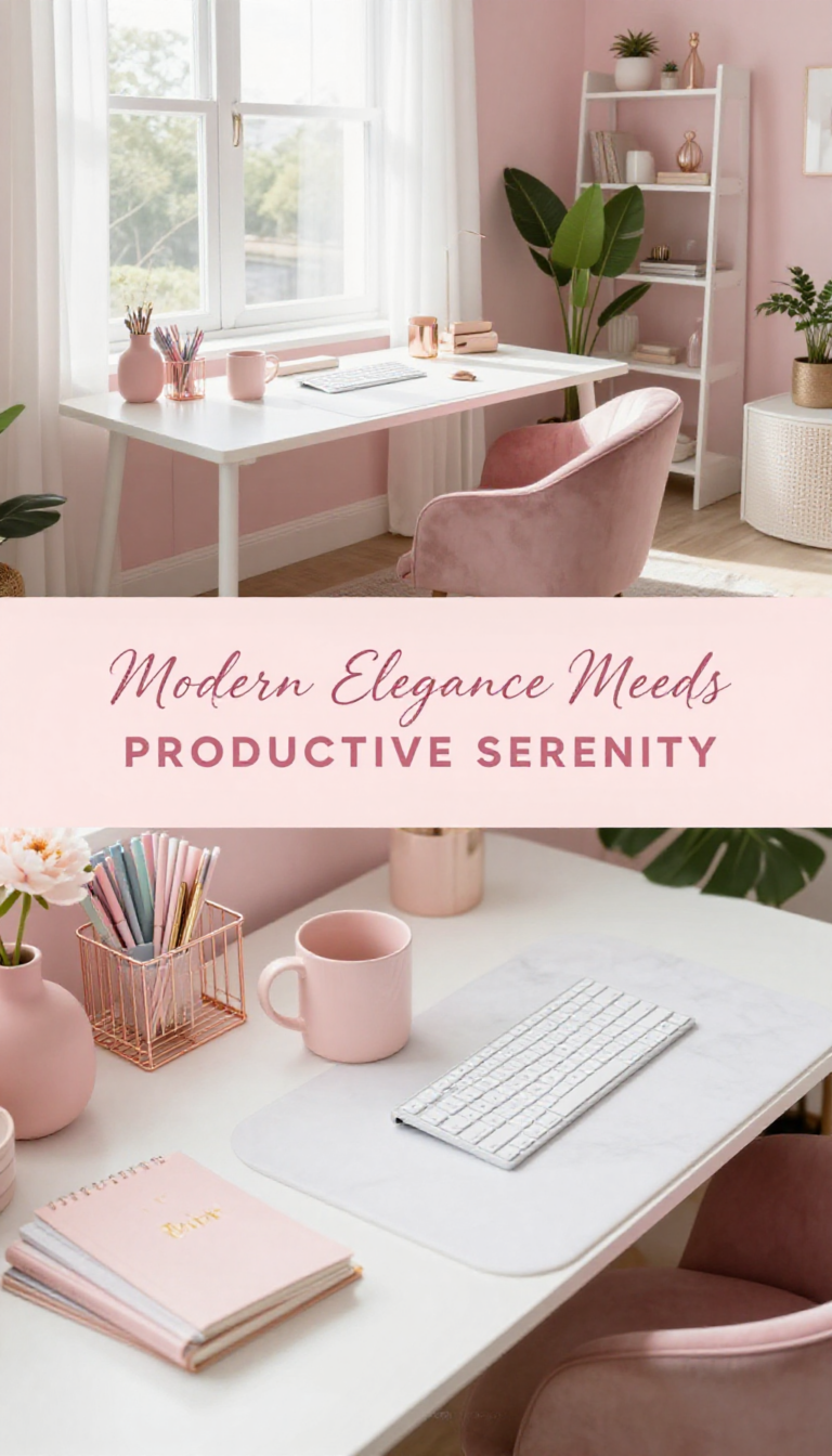 Blush Pink and Rose Gold Modern Home Office Setup - Home Office - The Pink Decor