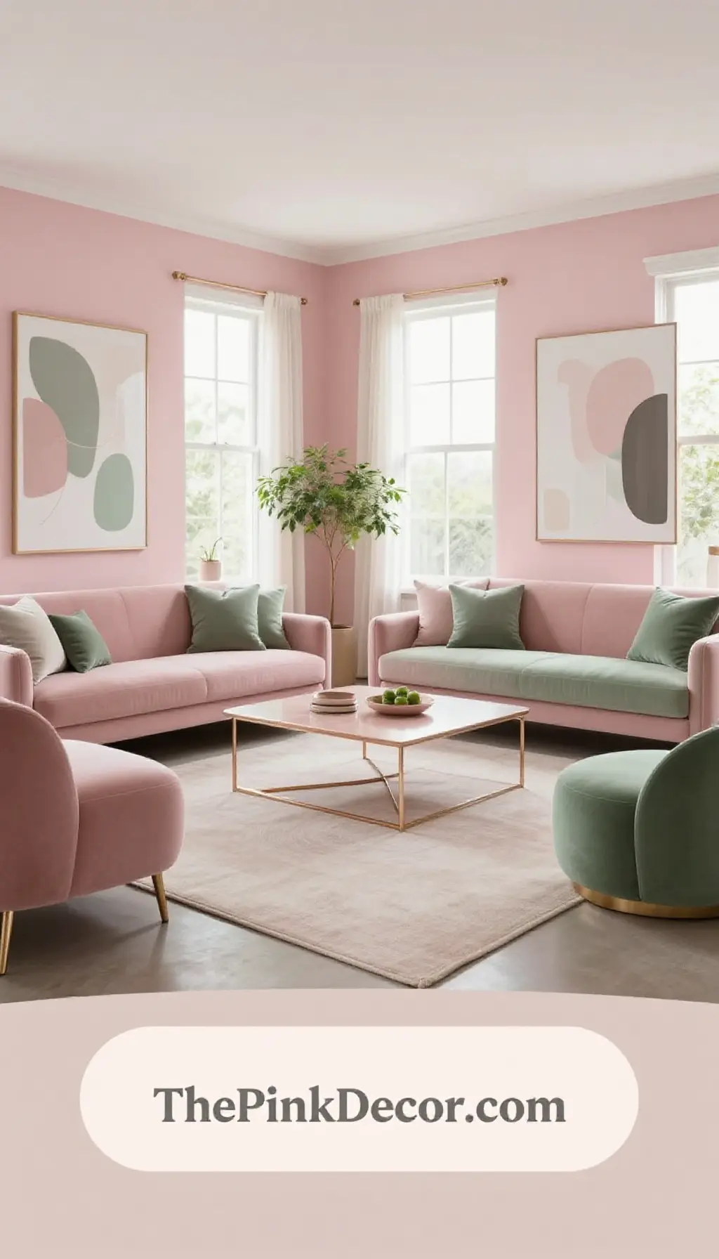how to style a living room with pink decor using blush pink and sage green accents - Complete View Complete Living Room with pink decor elements