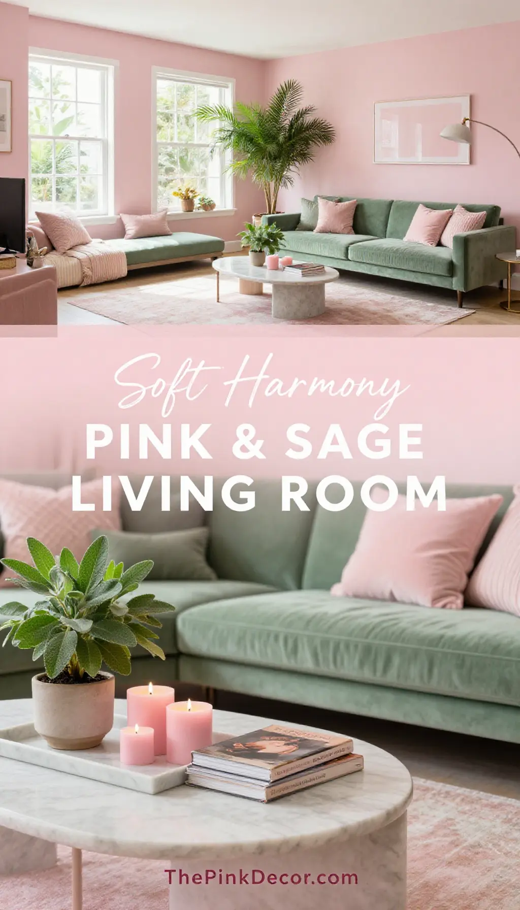 how to style a living room with pink decor using blush pink and sage green accents - Featured Design Blush Pink and Sage Green Contemporary Living Room - Living Room - The Pink Decor