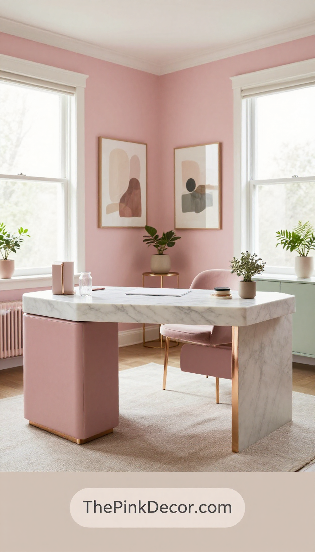 Complete Home Office with pink decor elements including marble desk, blush chair, and sage green accessories