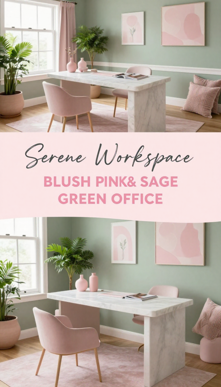 Blush Pink and Sage Green Home Office with Marble Desk - Home Office - The Pink Decor