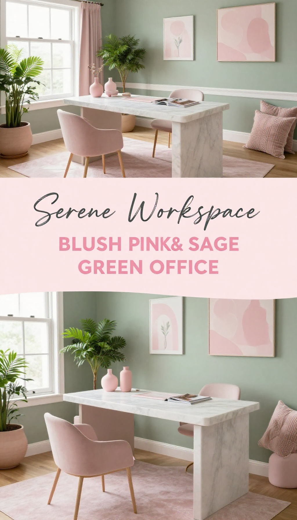 Blush Pink and Sage Green Home Office with Marble Desk - Home Office - The Pink Decor