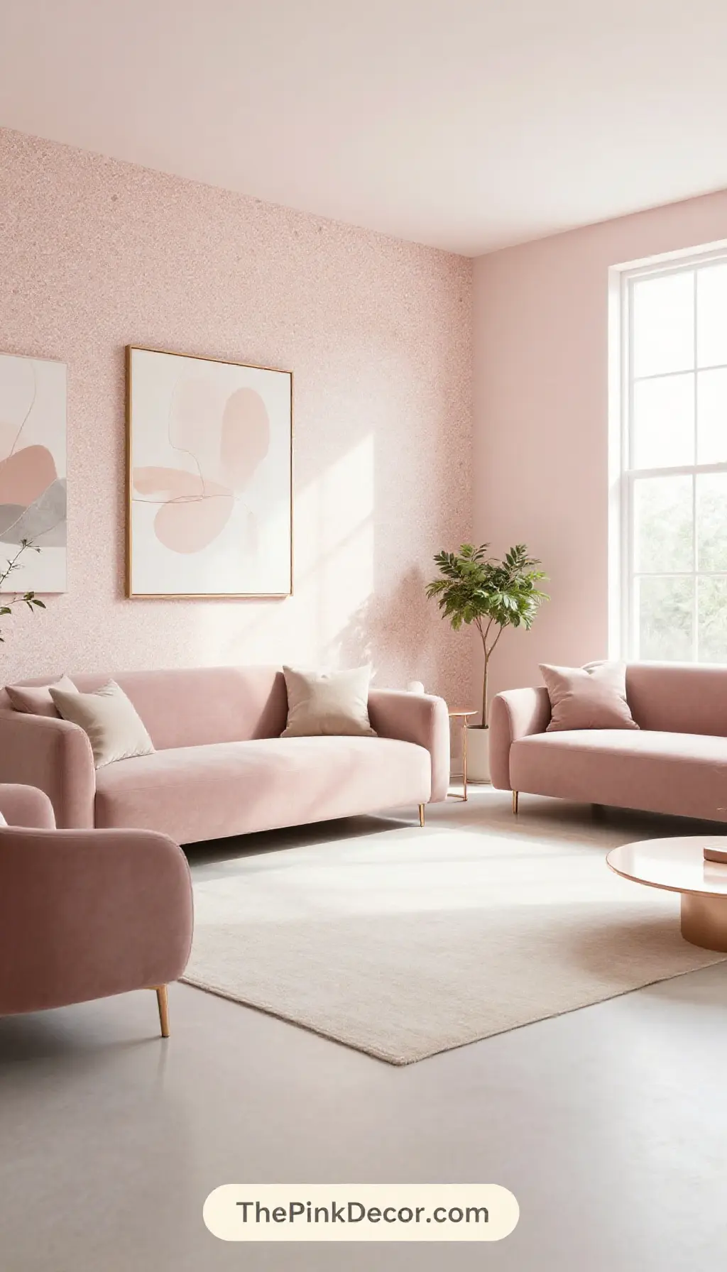 modern blush pink living room decor with terrazzo accent wall and minimalist furniture - Complete View Complete Living Room with pink decor elements