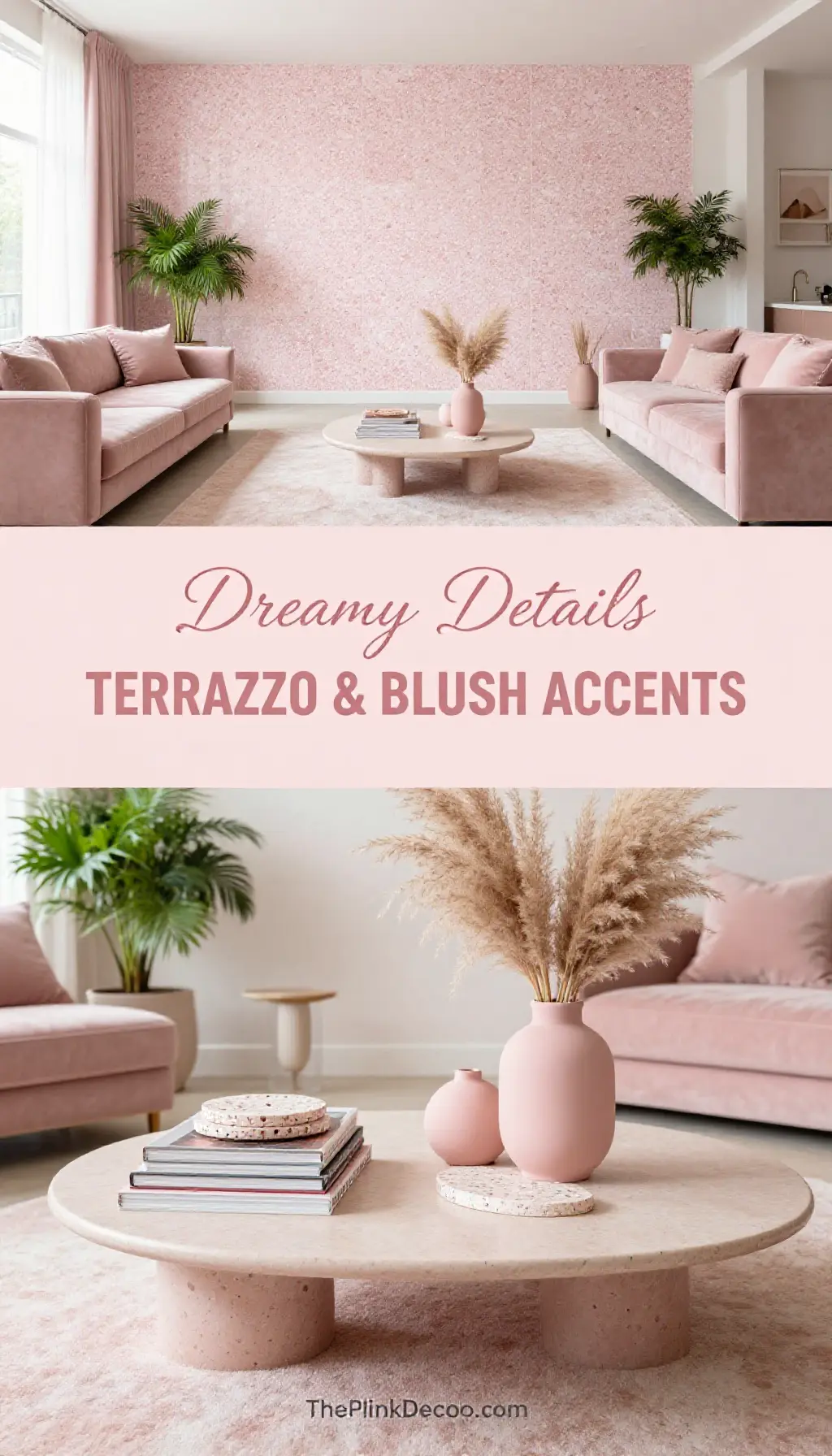 modern blush pink living room decor with terrazzo accent wall and minimalist furniture - Featured Design Blush Pink and Terrazzo Accent Wall Living Room Design - Living Room - The Pink Decor
