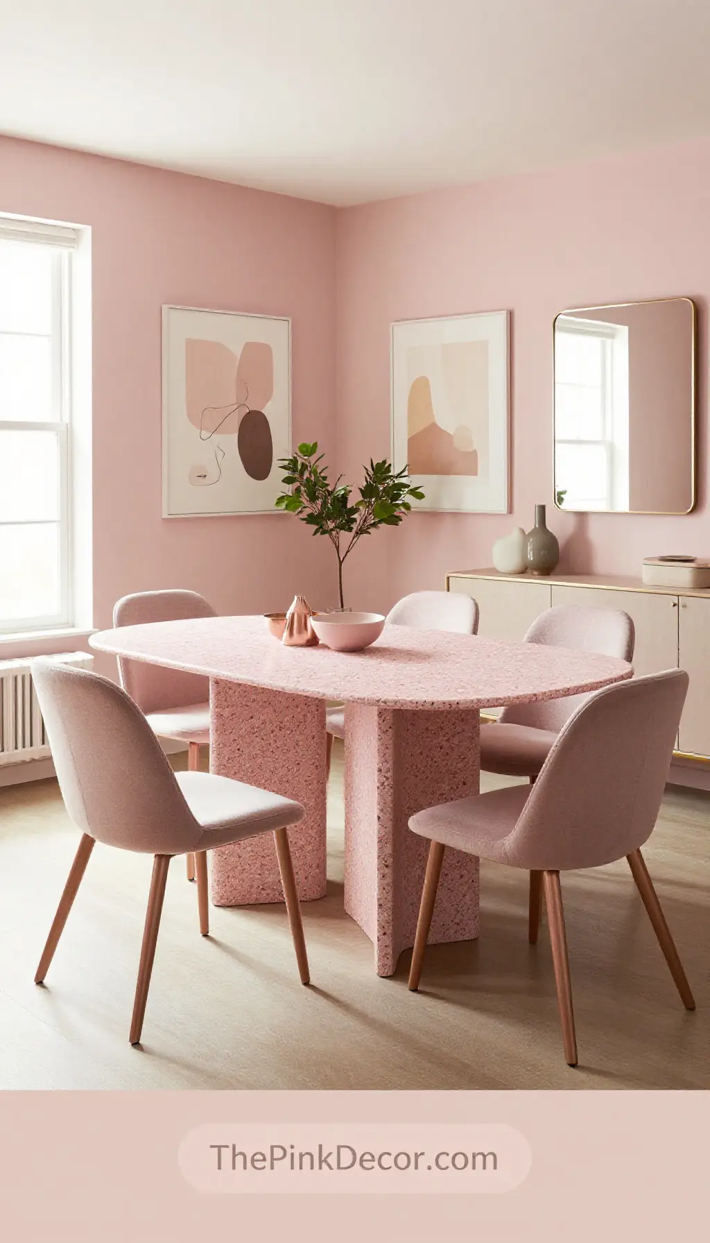 blush pink dining room decor with terrazzo table and modern chairs - Complete View Complete Dining Room with pink decor elements
