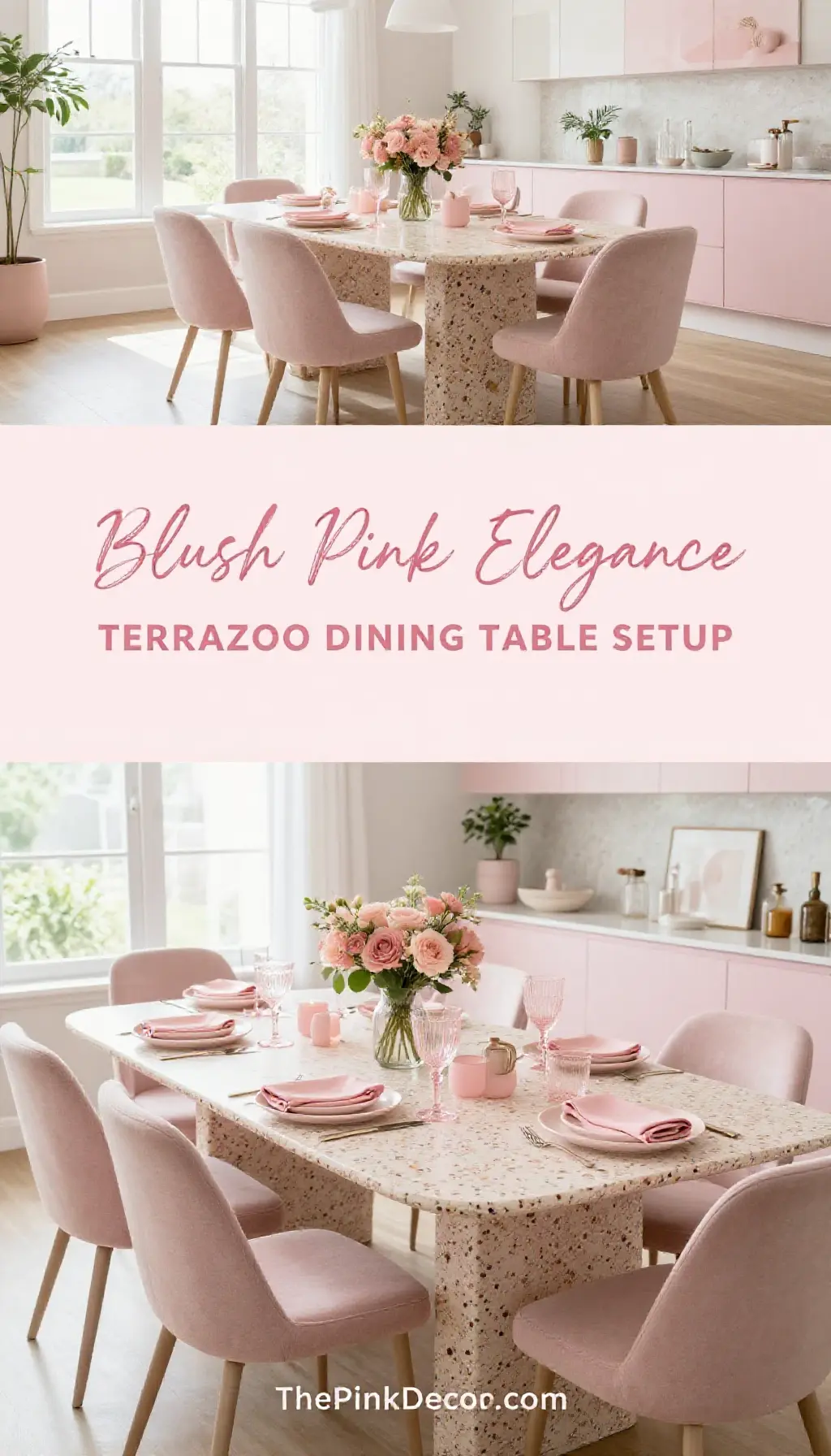blush pink dining room decor with terrazzo table and modern chairs - Featured Design Blush Pink and Terrazzo Dining Table Setup - Dining Room - The Pink Decor