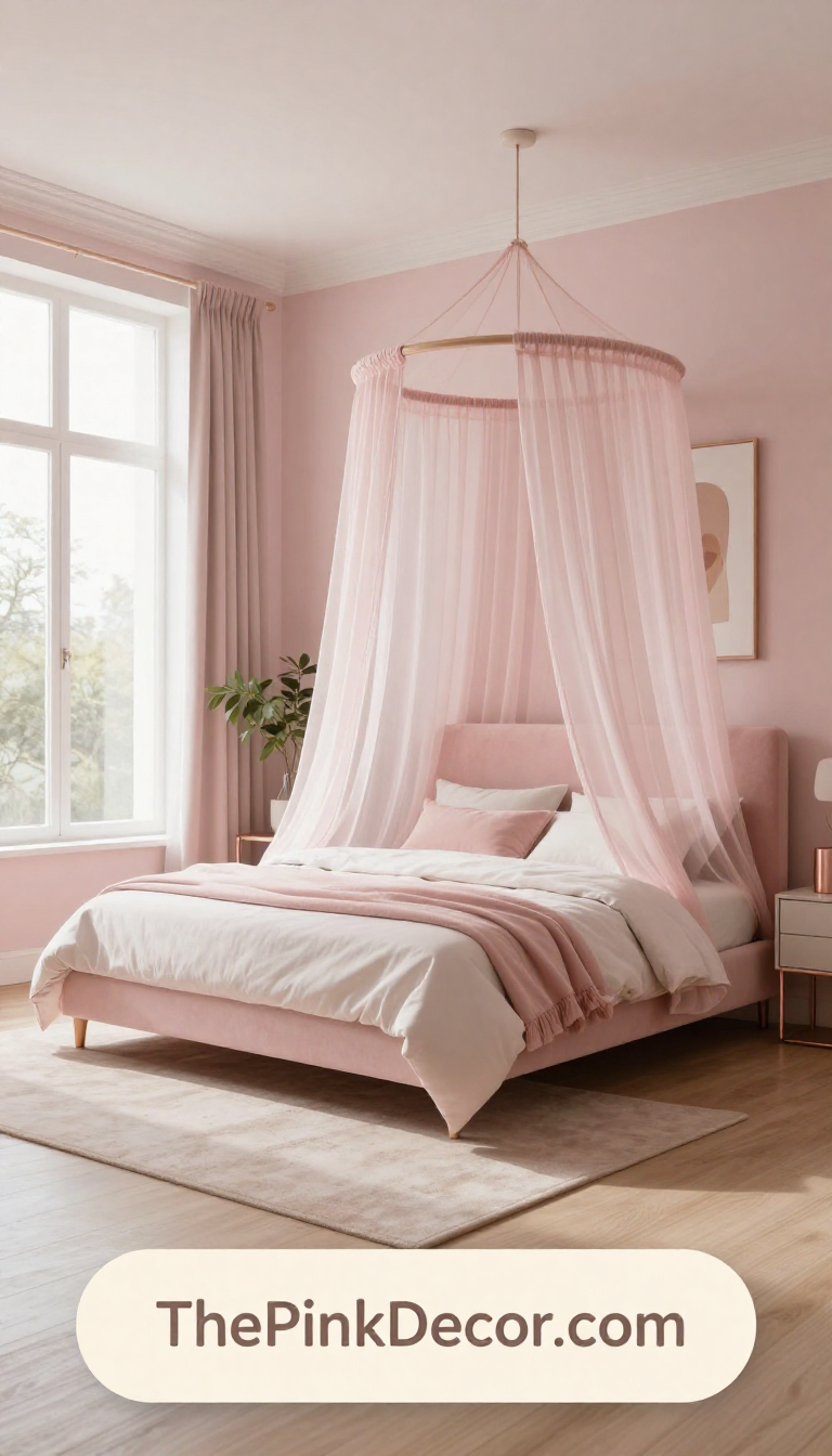 blush pink bedroom canopy with sheer curtains - Complete View Complete Bedroom with pink decor elements