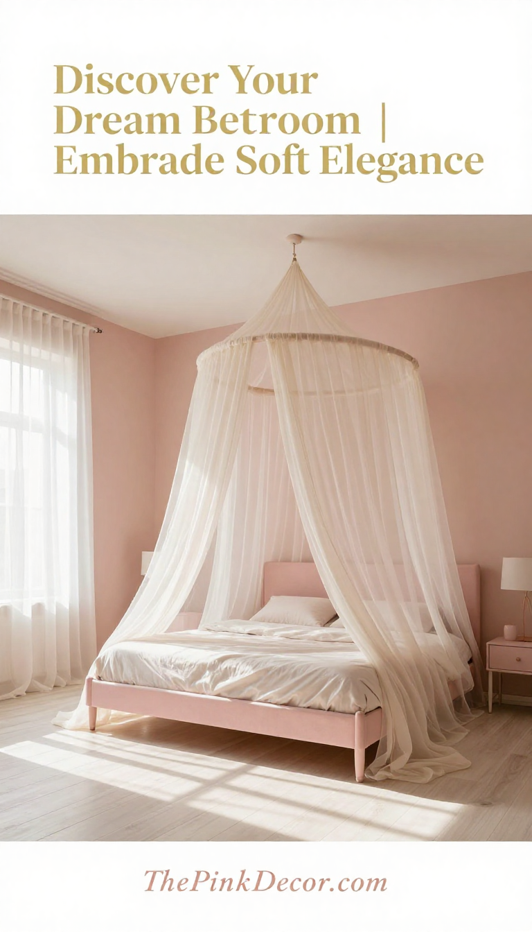 Blush Pink Canopy Bed with Sheer Draping - Bedroom - The Pink Decor