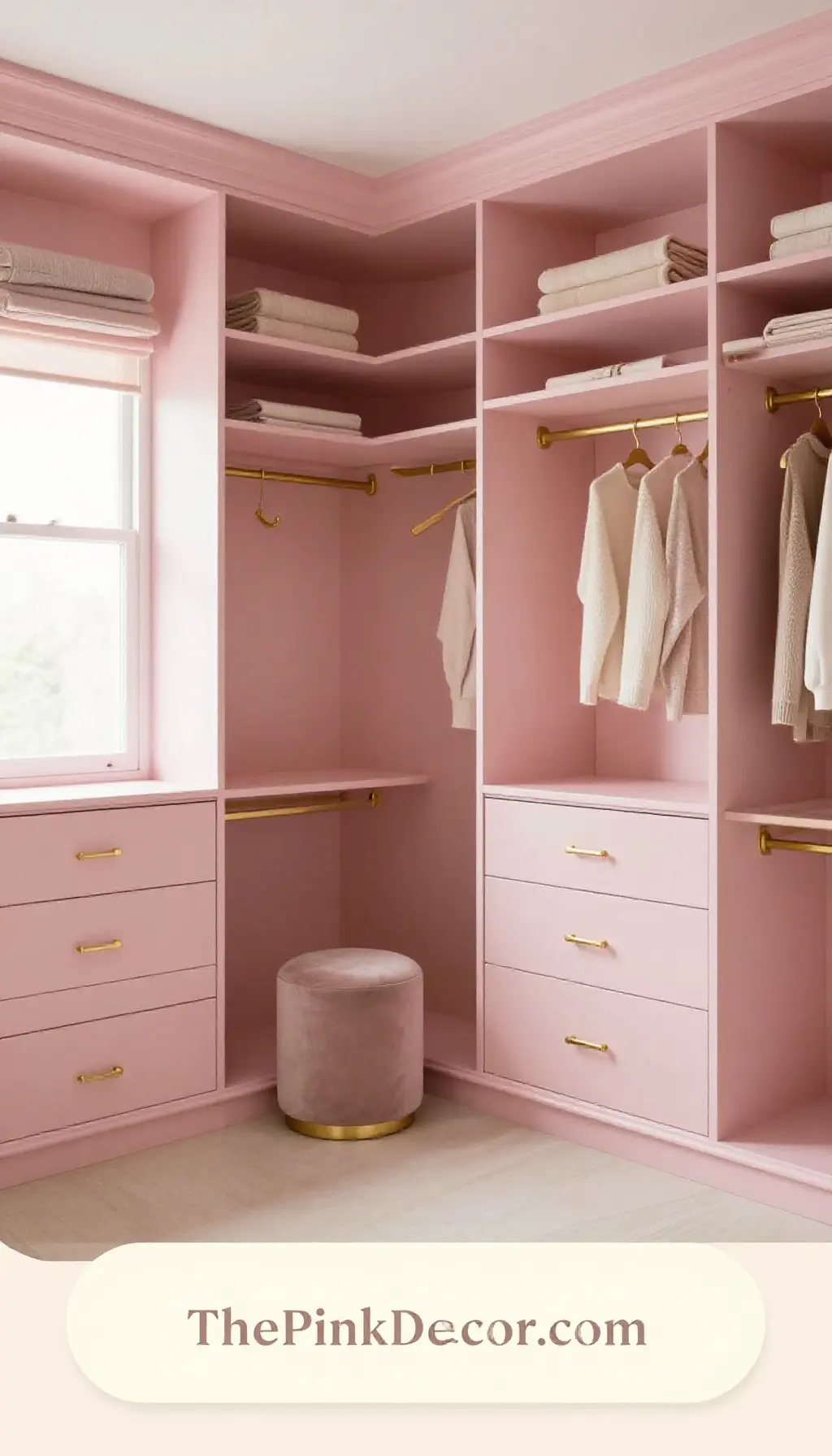blush pink closet design with gold hardware and aesthetic lighting - Complete View Complete Closet with pink decor elements
