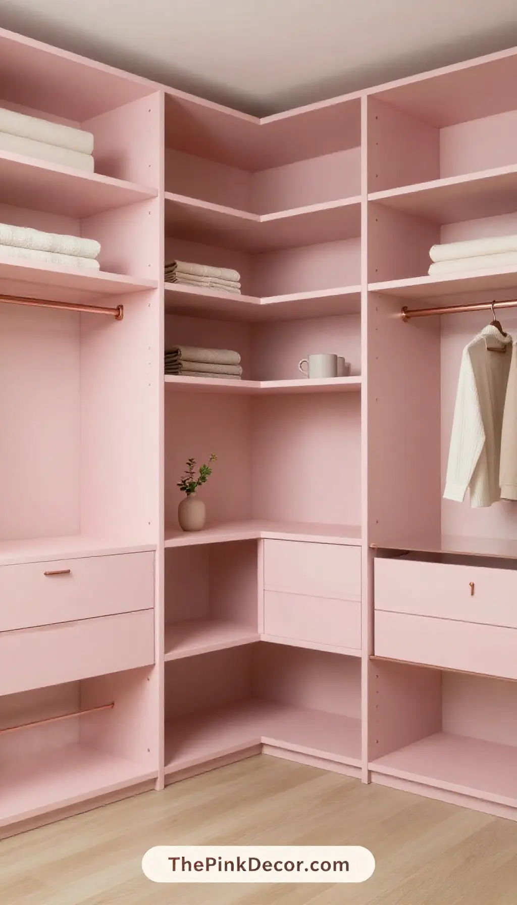 Complete Closet with pink custom shelving and rose gold hardware decor elements