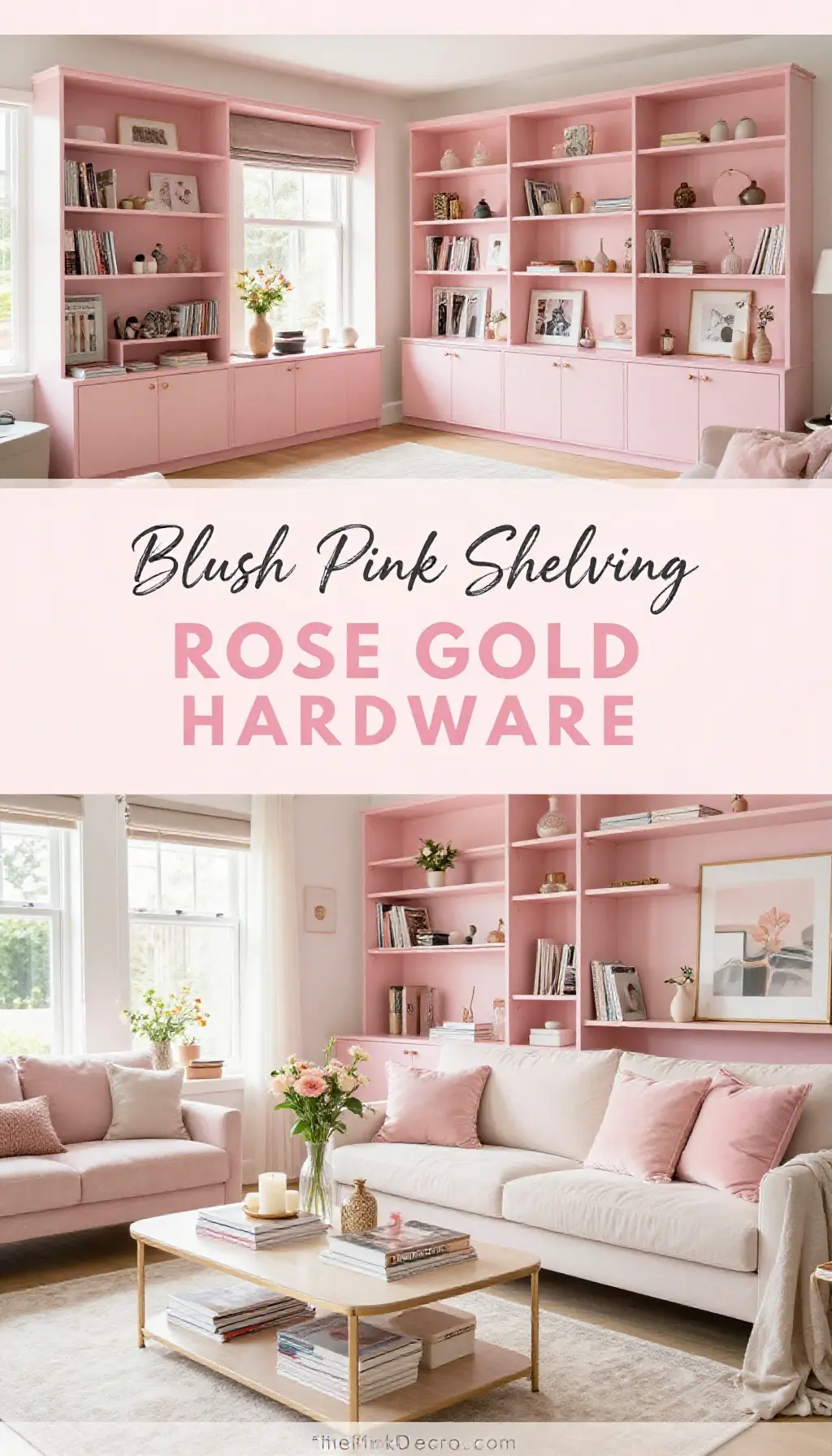 Blush Pink Custom Shelving with Rose Gold Hardware - Closet - The Pink Decor