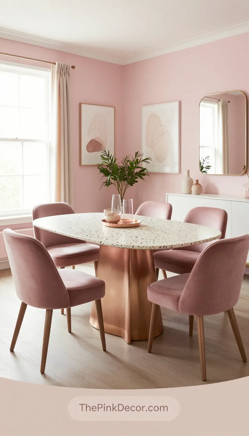 modern blush pink dining room decor with terrazzo table and velvet chairs - Complete View Complete Dining Room with pink decor elements
