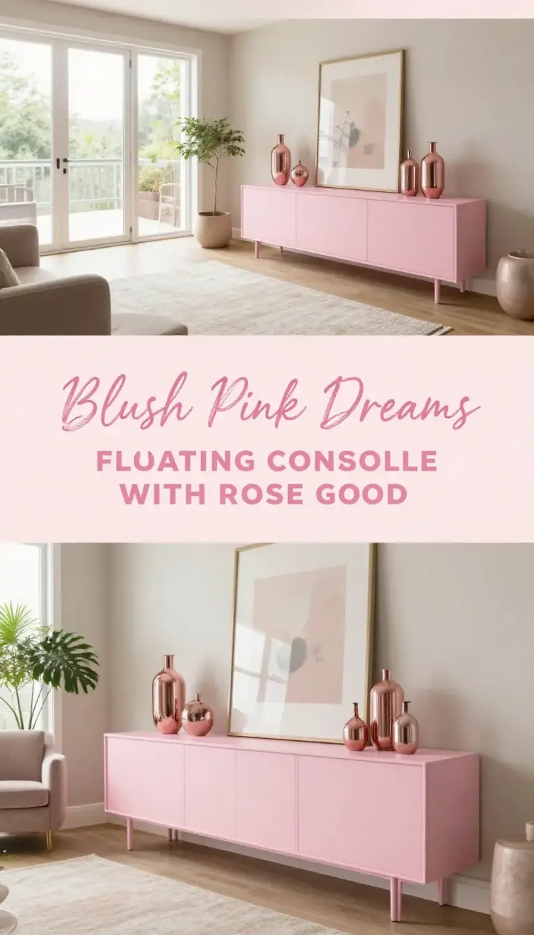 Blush Pink Floating Console Table with Rose Gold Accents - Entryway - The Pink Decor