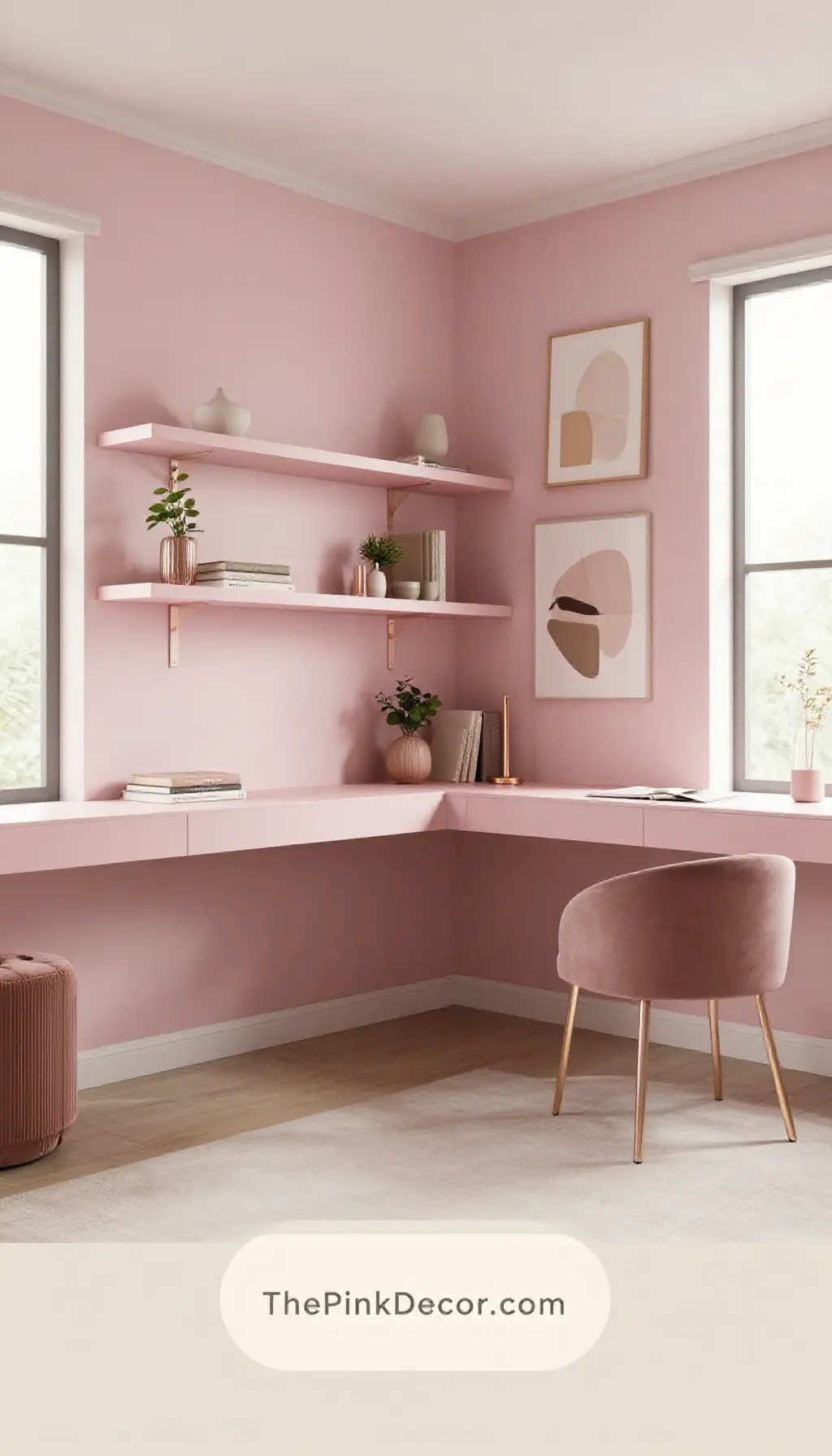 pink home office decor ideas with blush color scheme and floating shelves - Complete View Complete Home Office with pink decor elements