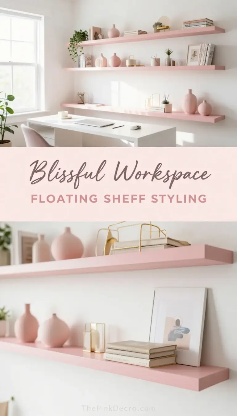 Blush Pink Floating Shelf Home Office Design - Home Office - The Pink Decor