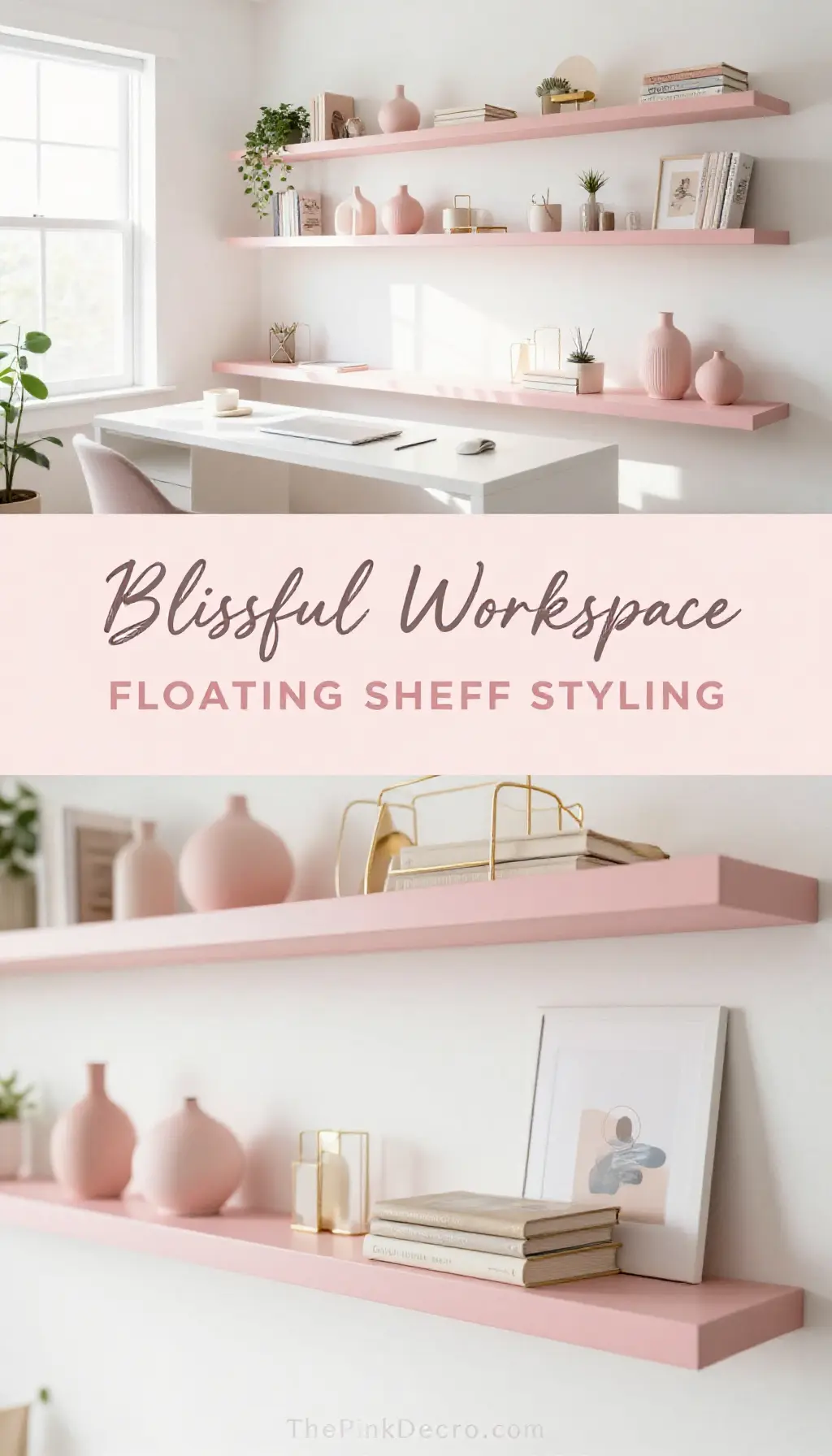 pink home office decor ideas with blush color scheme and floating shelves - Featured Design Blush Pink Floating Shelf Home Office Design - Home Office - The Pink Decor