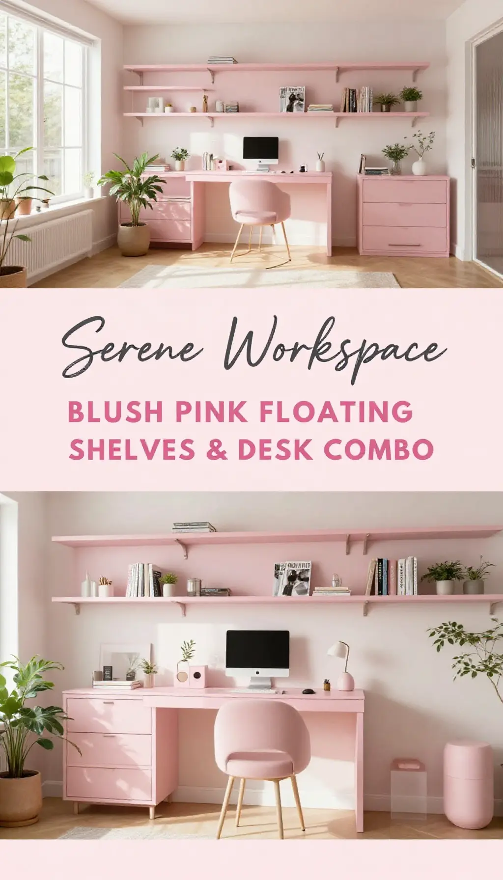 Blush Pink Floating Shelves and Desk Combo - Home Office - The Pink Decor