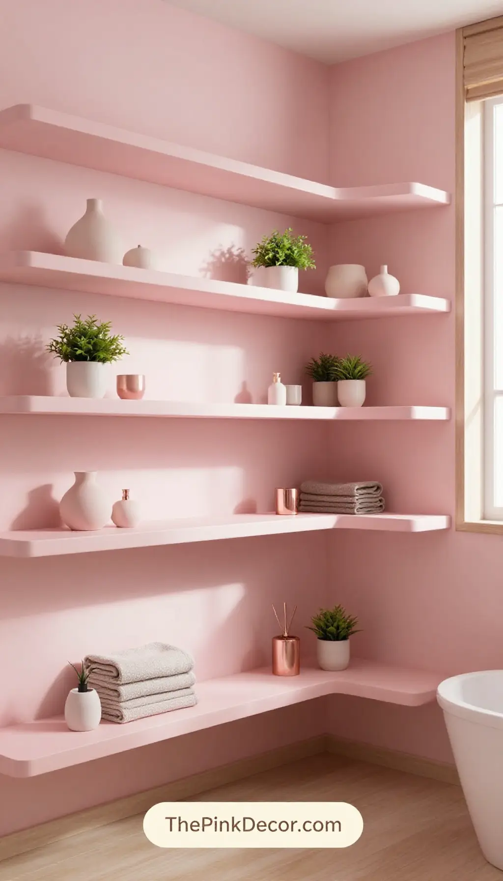 Complete bathroom with blush pink floating shelves styled with various plants and decor