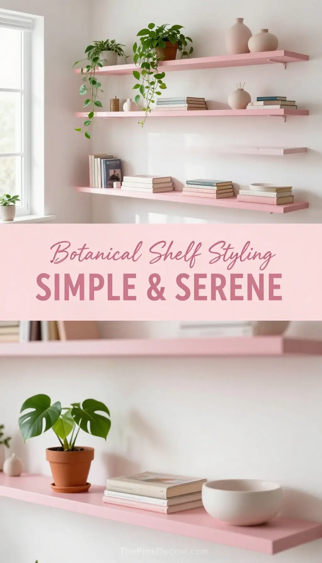 Blush Pink Floating Shelves with Botanical Decor - Bathroom - The Pink Decor