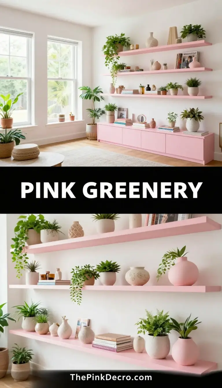 Blush Pink Floating Shelves with Greenery Accents - Living Room - The Pink Decor