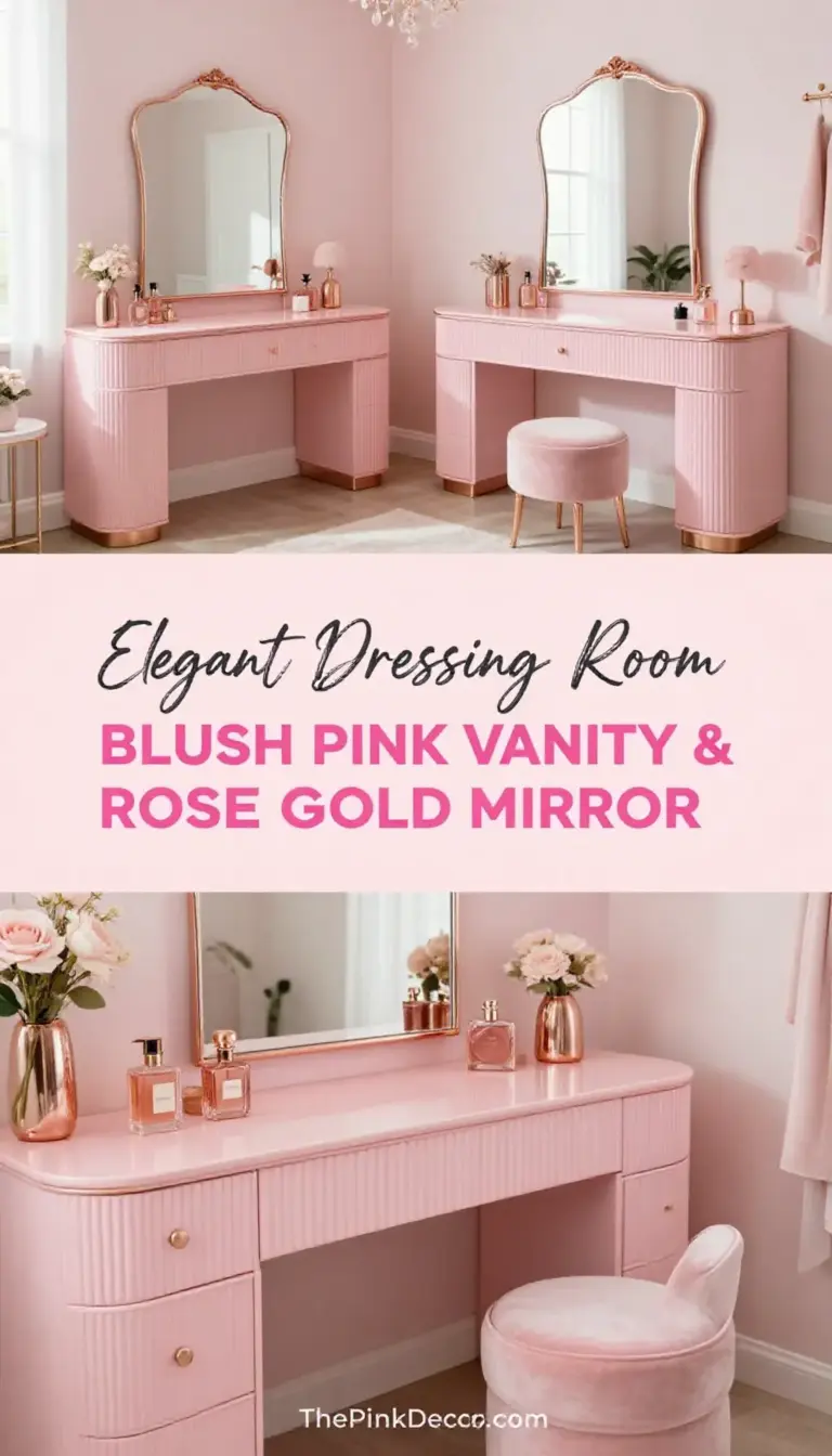 Blush Pink Fluted Vanity with Rose Gold Mirror Dressing Room - Dressing Room - The Pink Decor