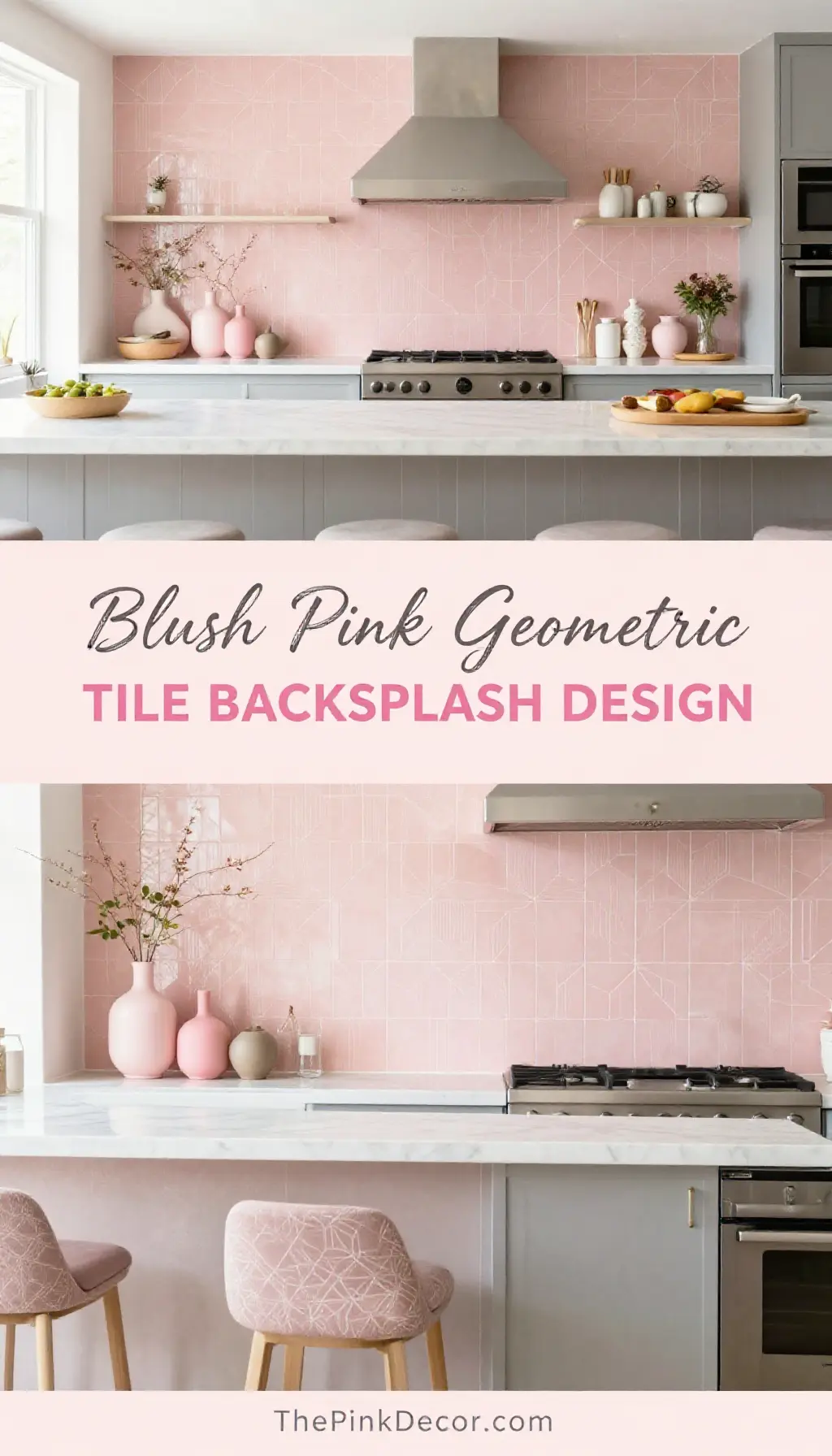 Blush Pink Geometric Tile Backsplash Design - Kitchen - The Pink Decor