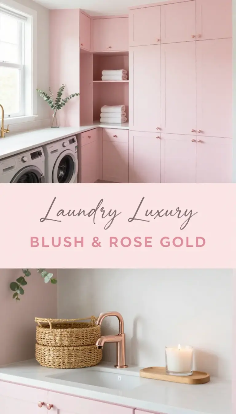 Blush Pink Laundry Nook with Rose Gold Hardware - Laundry Room - The Pink Decor