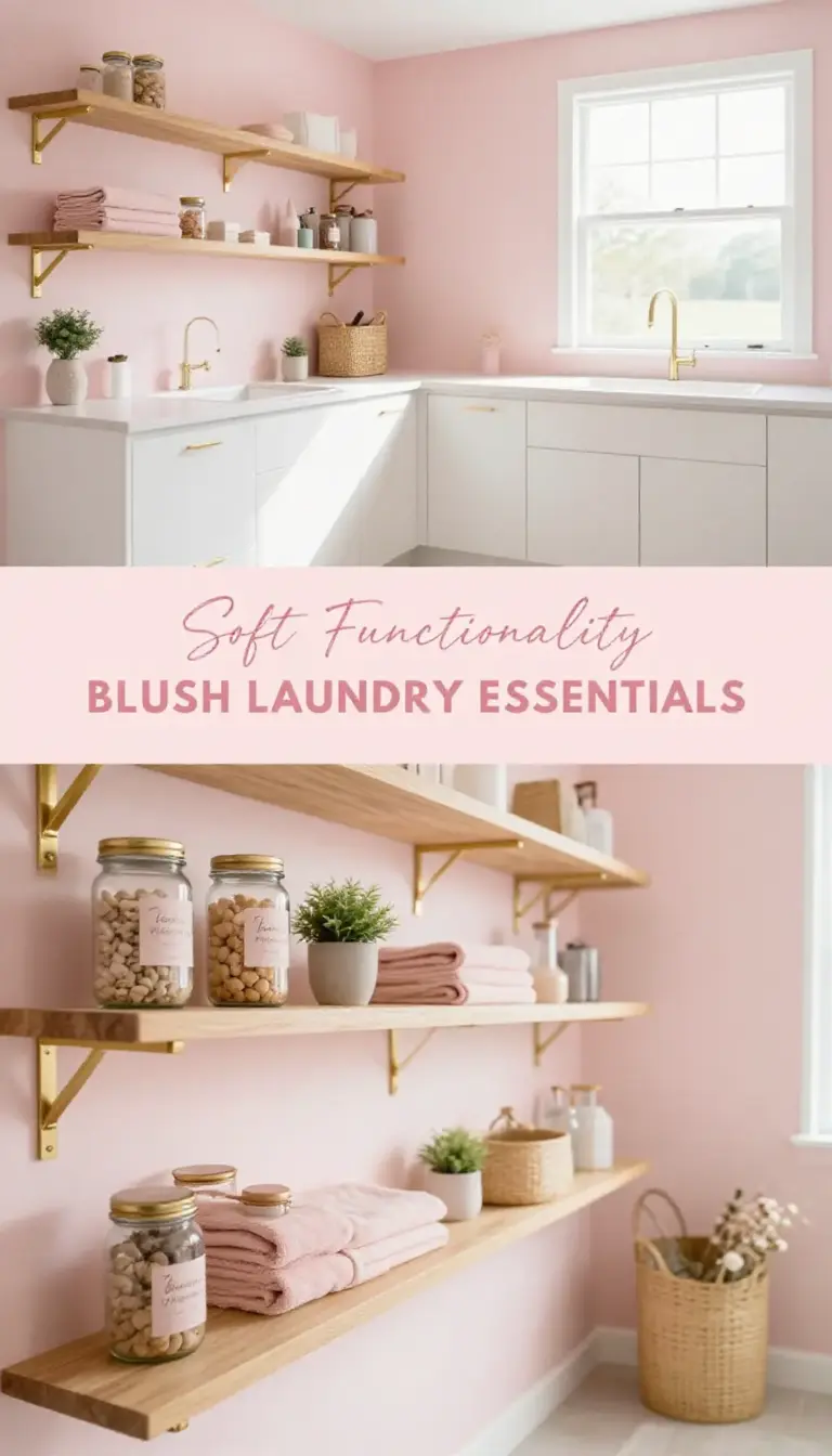 Blush Pink Laundry Room with Floating Shelves and Gold Hardware - Laundry Room - The Pink Decor
