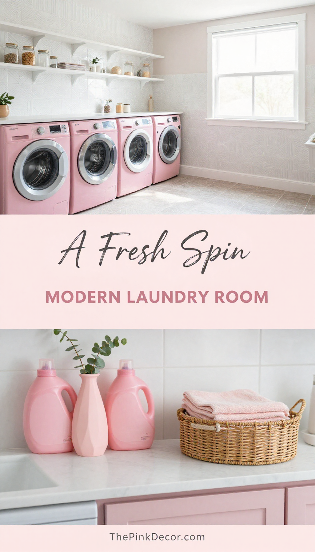 Blush Pink Laundry Room with Geometric Tile Backsplash - Laundry Room - The Pink Decor