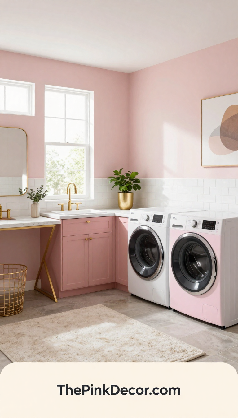 Complete Laundry Room with pink decor elements and gold hardware