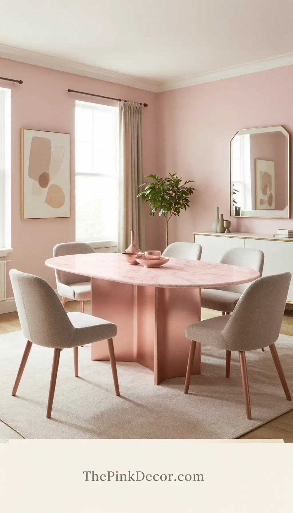 pink dining room decor ideas with blush marble and rose gold accents - Complete View Complete Dining Room with pink decor elements