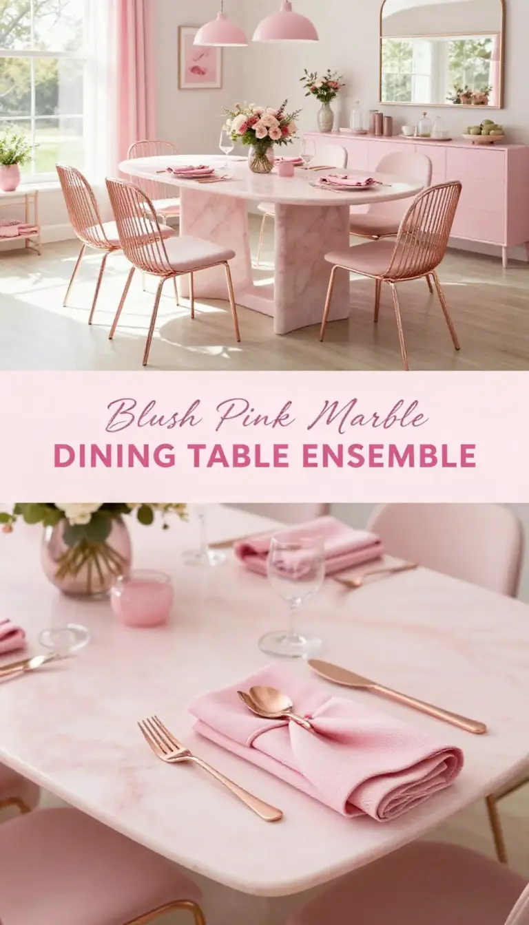 Blush Pink Marble Dining Table Ensemble with Rose Gold Accents - Dining Room - The Pink Decor