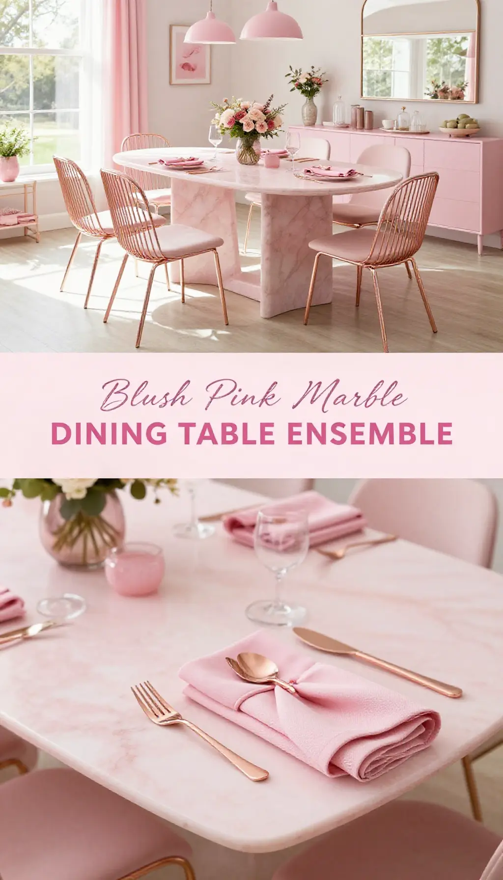 pink dining room decor ideas with blush marble and rose gold accents - Featured Design Blush Pink Marble Dining Table Ensemble with Rose Gold Accents - Dining Room - The Pink Decor