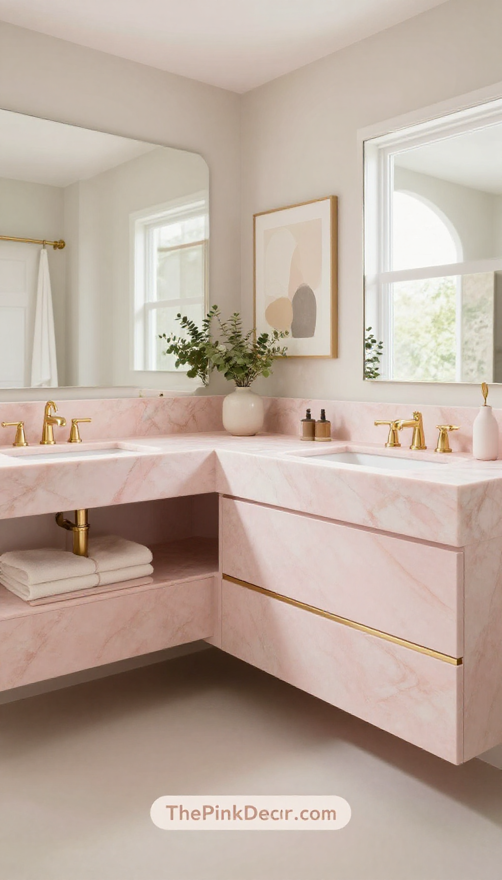 Complete modern bathroom with blush pink marble vanity, gold faucet, and decor