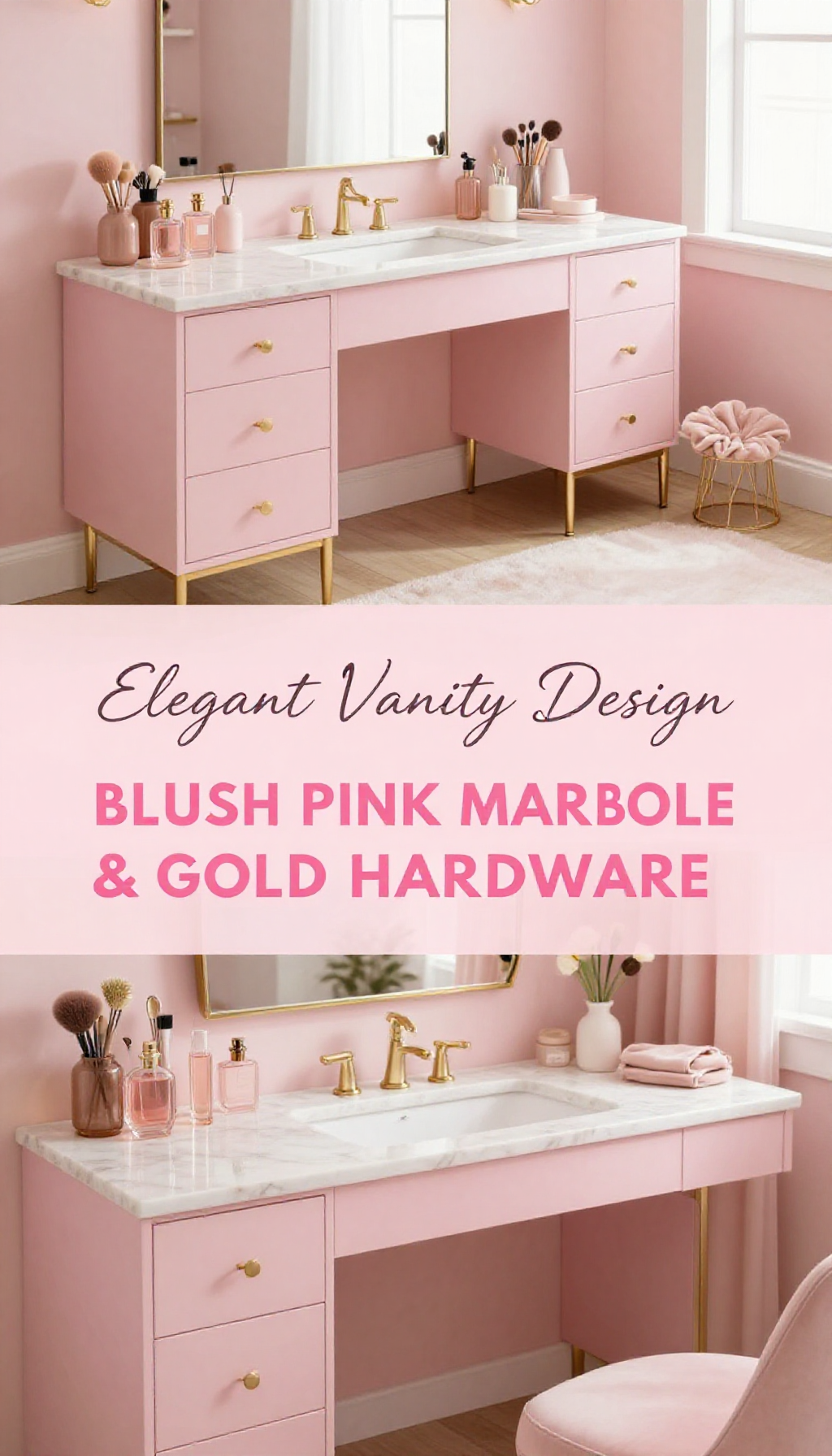 Blush Pink Marble Vanity with Gold Hardware - Bathroom - The Pink Decor