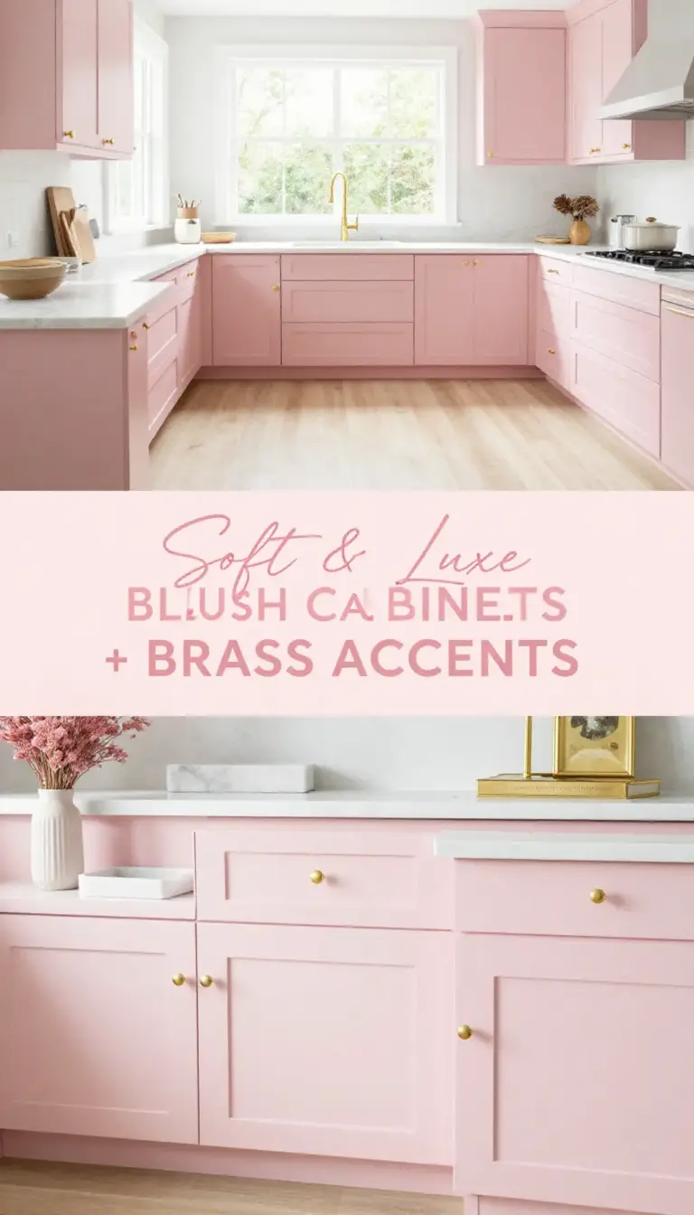 Blush Pink Matte Cabinets with Brass Hardware Accents - Kitchen - The Pink Decor