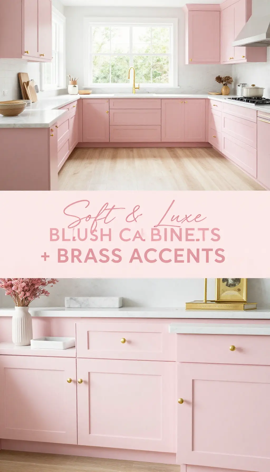 Blush Pink Matte Cabinets with Brass Hardware Accents - Kitchen - The Pink Decor