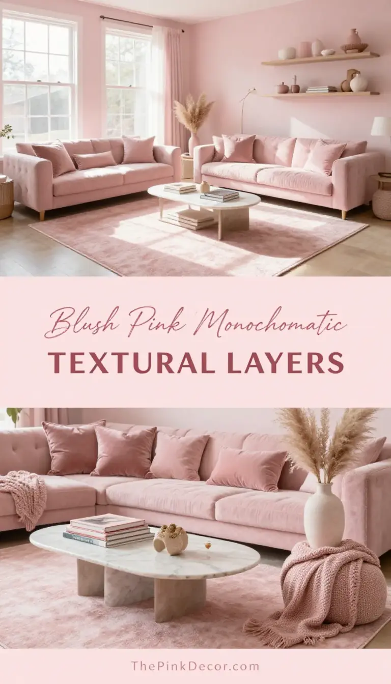 Blush Pink Monochromatic Living Room with Textural Layers - Living Room - The Pink Decor