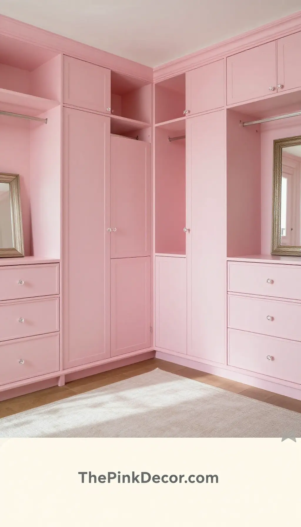 Blush Pink Closet with Velvet Hangers and Crystal Knobs - Complete View Complete modern blush pink closet organization with velvet hangers and LED strip lighting
