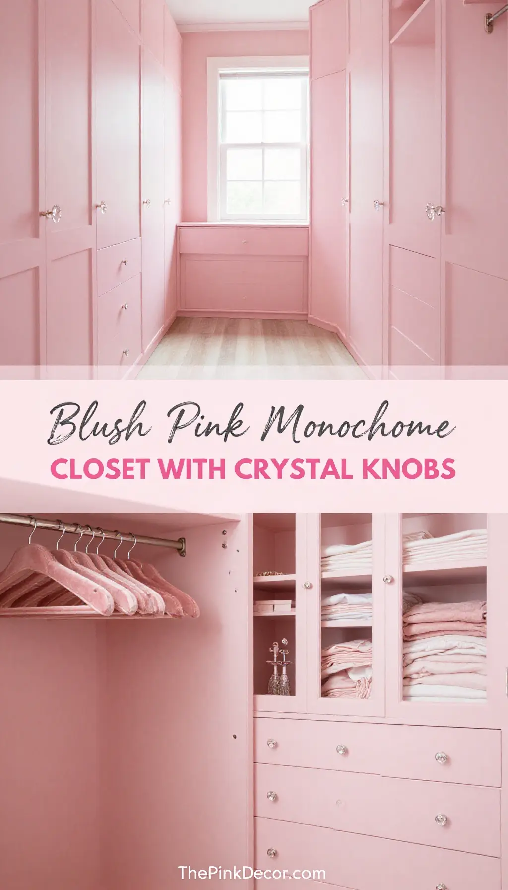 Blush Pink Monochrome Closet with Crystal Knobs - Featured Image Modern blush pink closet organization ideas with velvet hangers and LED strips - monochrome design with crystal knobs