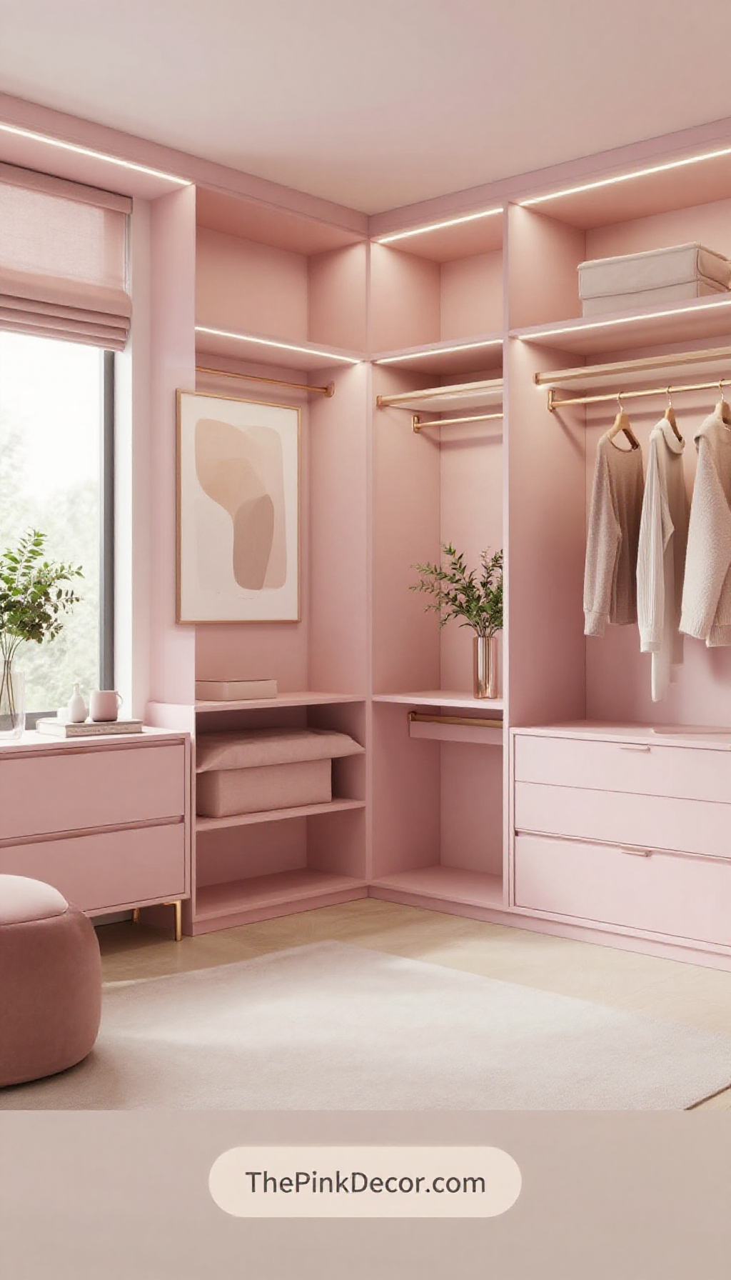 modern blush pink monochrome closet decor ideas with LED lighting for organization - Complete View Complete Closet with pink decor elements