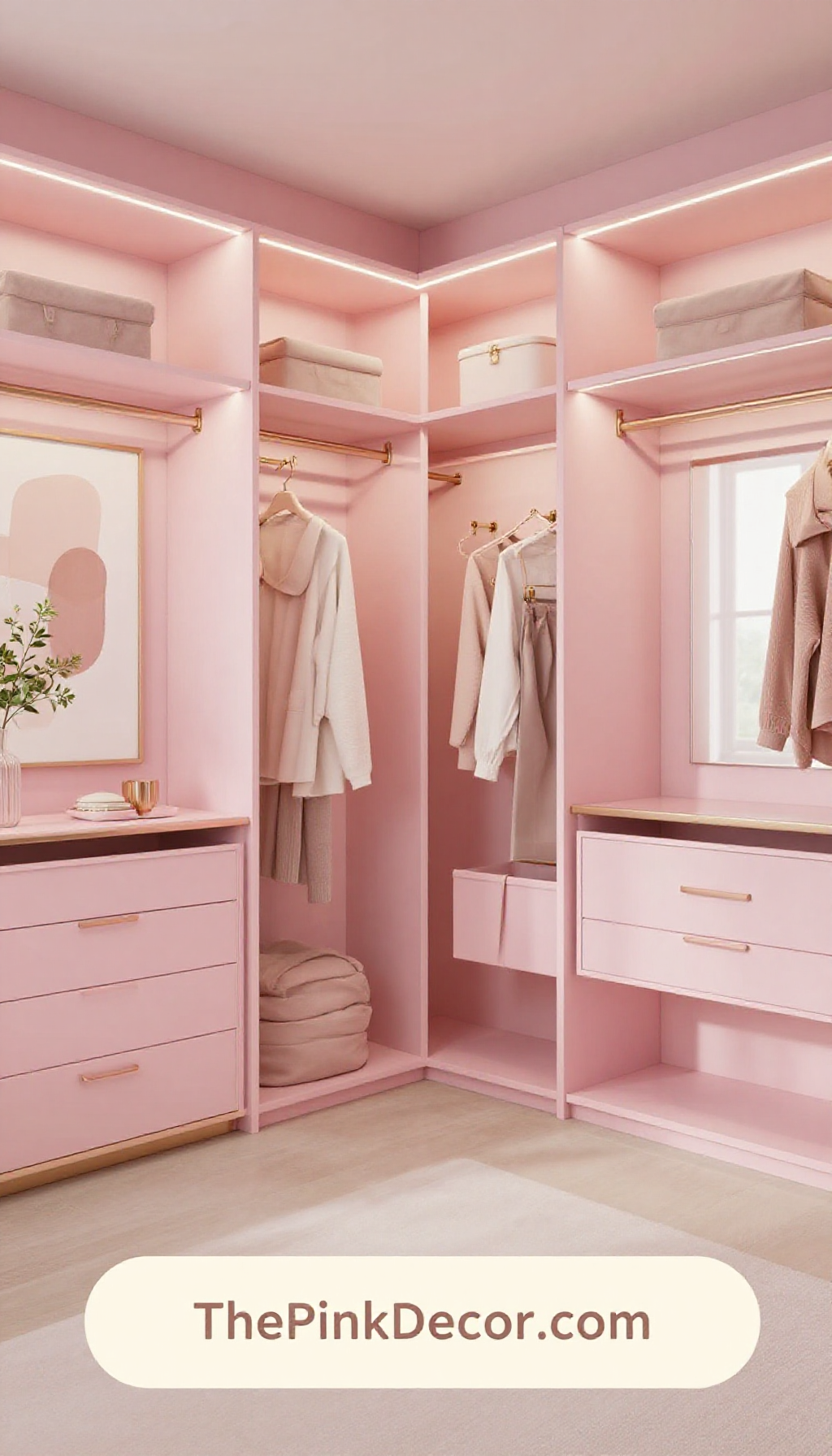 modern blush pink monochrome closet decor ideas with LED lighting for organization - Complete View Complete Closet with pink decor elements