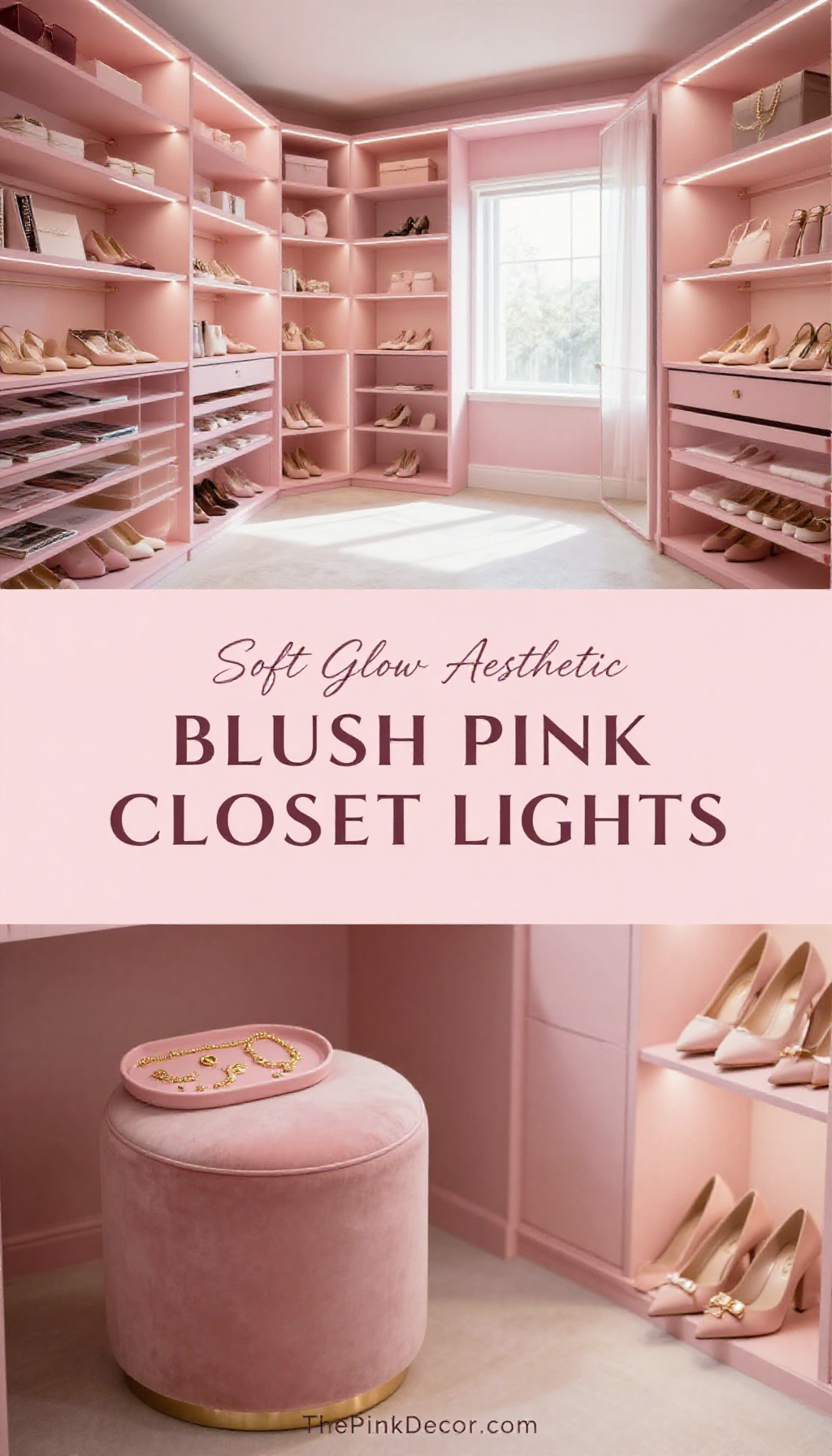 modern blush pink monochrome closet decor ideas with LED lighting for organization - Featured Design Blush Pink Monochrome Closet with LED Strip Lighting - Closet - The Pink Decor